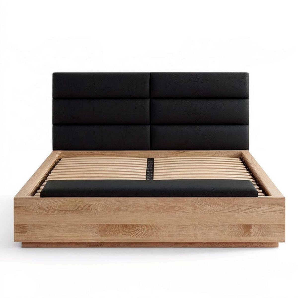 Doppelbett 180 x 200 cm aus massiver Natureiche mit schwarzem PU-Kunstleder-Kopfteil und Lattenrost