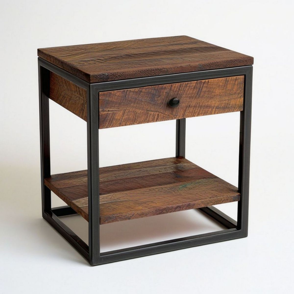 Nachttisch aus massivem Mangoholz und Stahl mit Schublade, Ablage, 45 x 35 x 55 cm, Braun/Schwarz