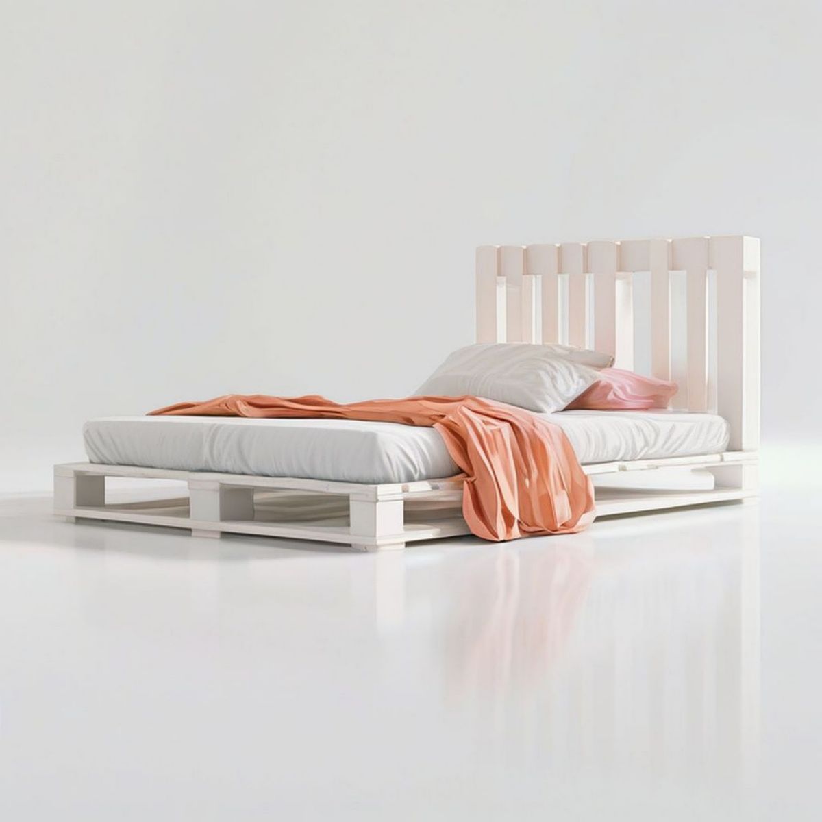 Paletten-Doppelbett mit Kopfteil aus massivem Kiefernholz, Weiss, 160 x 200 cm