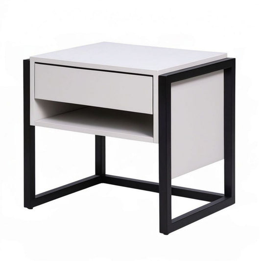 Nachttisch mit Schublade und offenem Fach, 50 x 40 x 50 cm, Weiss/Schwarz, MDF und Stahl