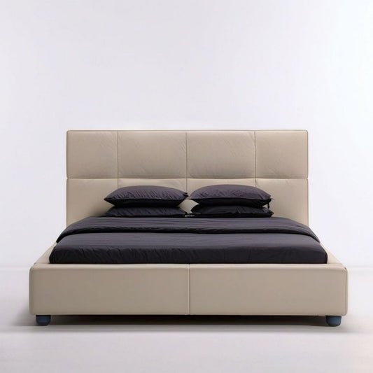 Doppelbett mit gepolstertem Kopfteil aus PU-Kunstleder, Beige, 180 x 200 cm