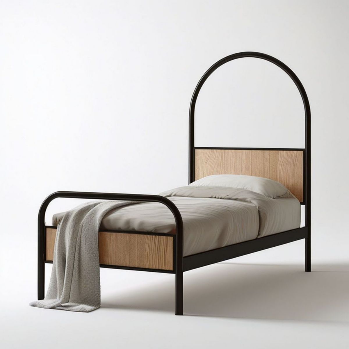 Einzelbett 90 x 200 cm mit Rundbogen, Schwarz/Natur, Stahl und Holzwerkstoff